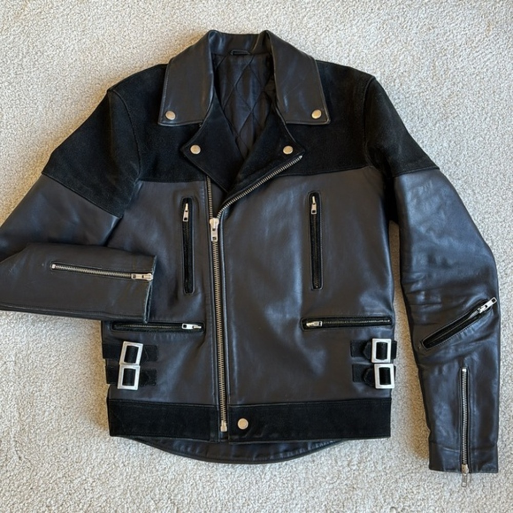 Sandro Paris Black Leather Suede Quilted Lined‎ Zip Biker Jacket Women’s Size XS - Picture 2 of 14